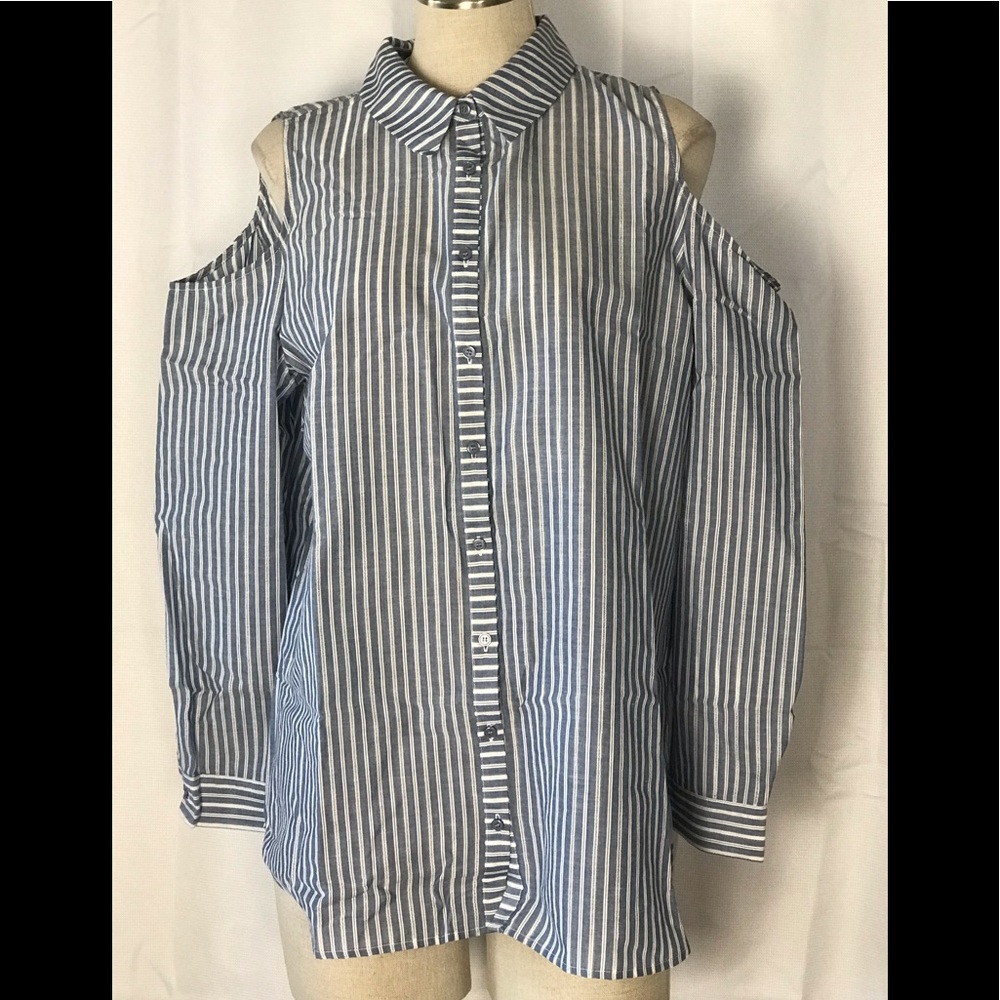 PLEIONE Cold Shoulder Button Up Stripe Top XLP - Picture 2 of 8